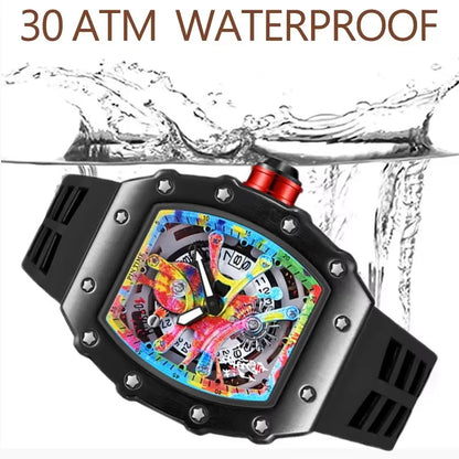 Luxury Tonneau Men’s Watch – Fashion Quartz Wristwatch with Graffiti Dial, Auto Date & Waterproof Sport Design