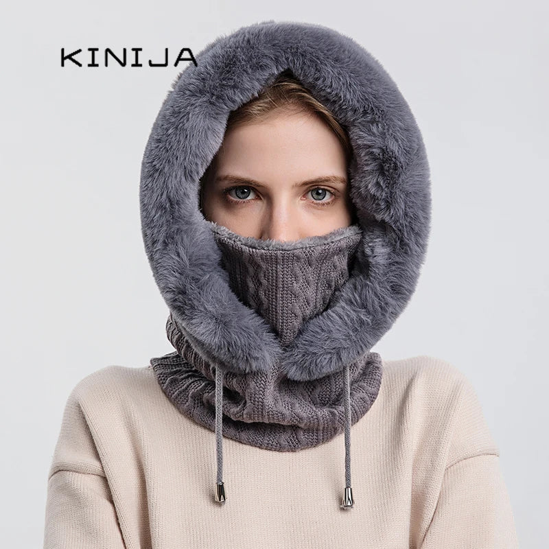 Winter Fur Cap Mask Set Hooded for Women Knitted Cashmere Neck Warm Balaclava Ski Windproof Hat Thick Plush Fluffy Beanies hood