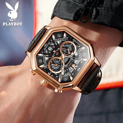 PLAYBOY Luxury Man Watch High Quality Classic Original Waterproof Quartz Watches for Men Leather Strap Business Wrist Watch Men