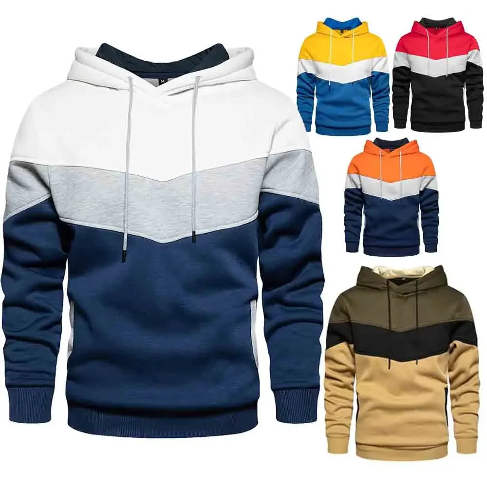 Men's Patchwork Hooded Sweatshirt - Casual Loose Fleece Hoodie for Autumn & Winter Streetwear - Stylish Sports Outwear