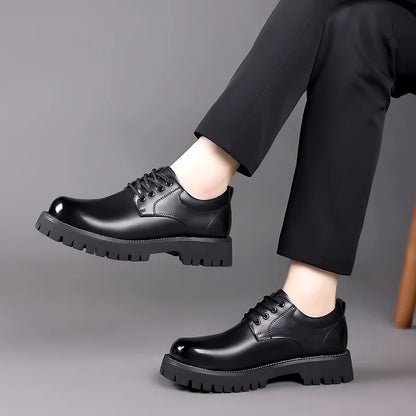 British Style Thick-Soled Leather Casual Shoes, Lace-Up Fashionable Men's Business & Dress Shoes