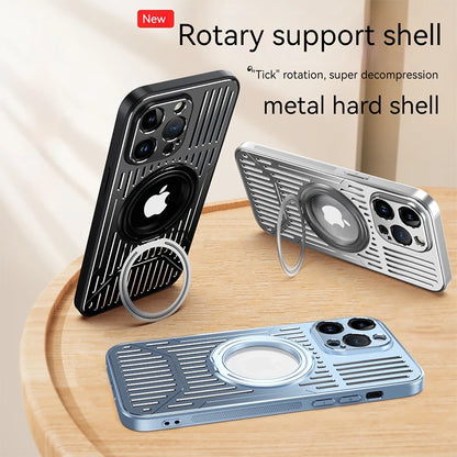 For Iphone 15 14 13 Pro Max Phone Case Metal Heat Dissipation Rotating Magnetic Suction Bracket Electroplating Frame Back Cover