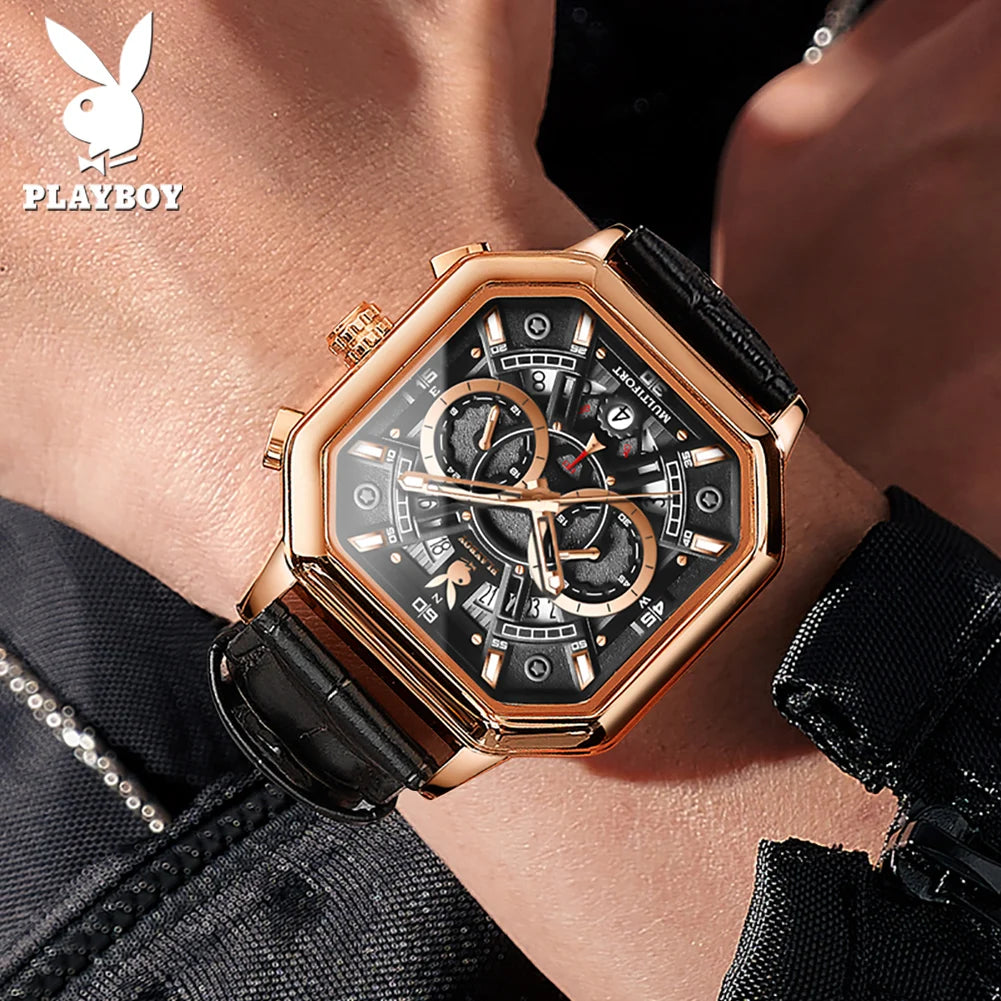 PLAYBOY Luxury Man Watch High Quality Classic Original Waterproof Quartz Watches for Men Leather Strap Business Wrist Watch Men