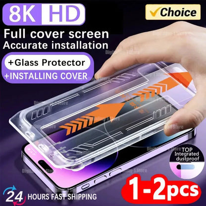 1-2Pc 8K High End Tempered Glass For iPhone, Screen Protector With Alignment Mounting Cover