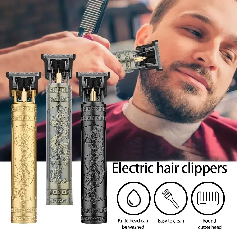 Vintage T9 Electric Hair Clipper – Professional Rechargeable Barber Trimmer for Men with Dragon Buddha Design