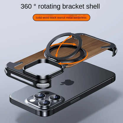 Walnut Wood & Metal Case for iPhone 14/15 Pro Max - 360° Rotating Ring Stand & Magnetic MagSafe Holder