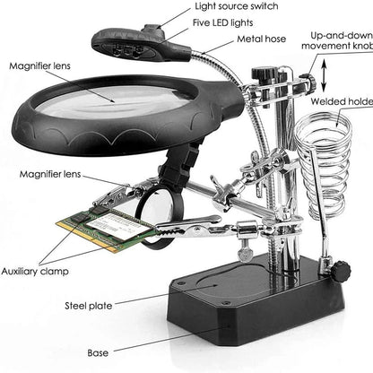 3-in-1 Welding Magnifying Glass with LED Light – Auxiliary Clip Loupe, Soldering Iron Stand & Holder Station