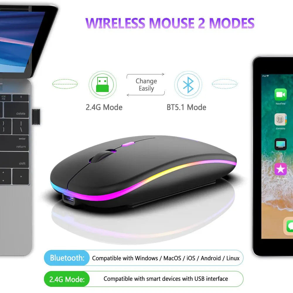 Rechargeable Wireless Mouse – Bluetooth & 2.4GHz Dual Modes, Ergonomic Design, RGB Lighting, Silent Click for PC, iPad, Laptop & TV