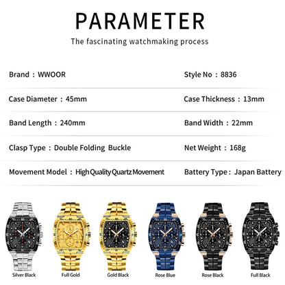 WWOOR Men Chronograph Sport Watches For Men Fashion Square Top Brand Luxury Stainless Steel Waterproof Quartz Watch Reloj Hombre