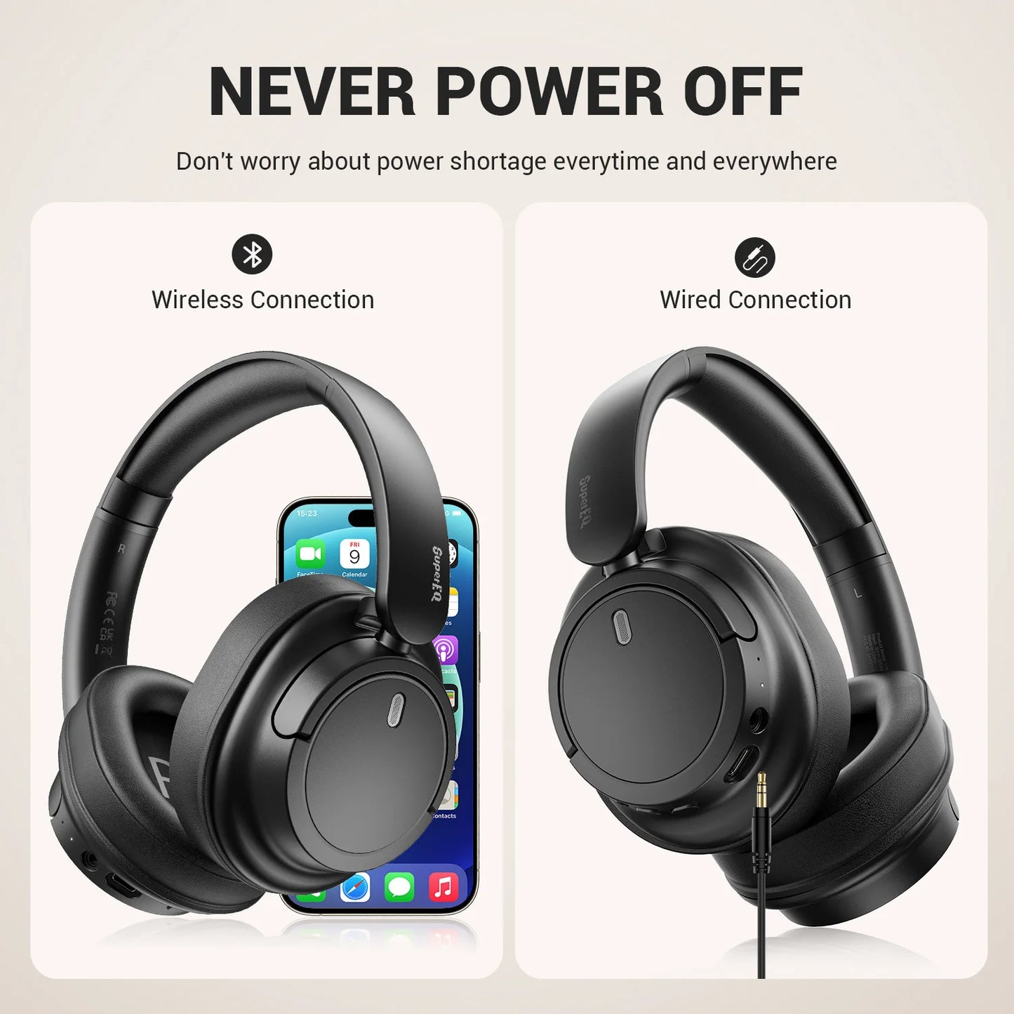 SuperEQ V16 Wireless & Wired Over-Ear Headphones – Bluetooth 5.3, 90H Playtime, Foldable Design, Mic & Bass/Pop Modes