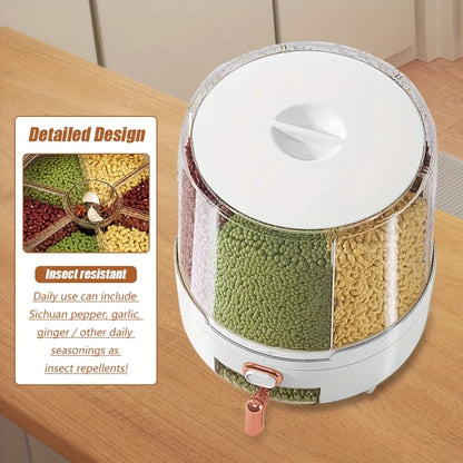 6-Compartment 360° Rotating Airtight Food Storage Container - Moisture-Proof for Cereal, Candy, Rice - Kitchen Pantry Organizer