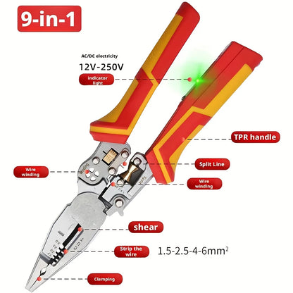 9-In-1 Stripping Pliers with Voltage Tester Versatile Wire Stripping Pliers With Electricity Measurement Cutting Crimping Pliers