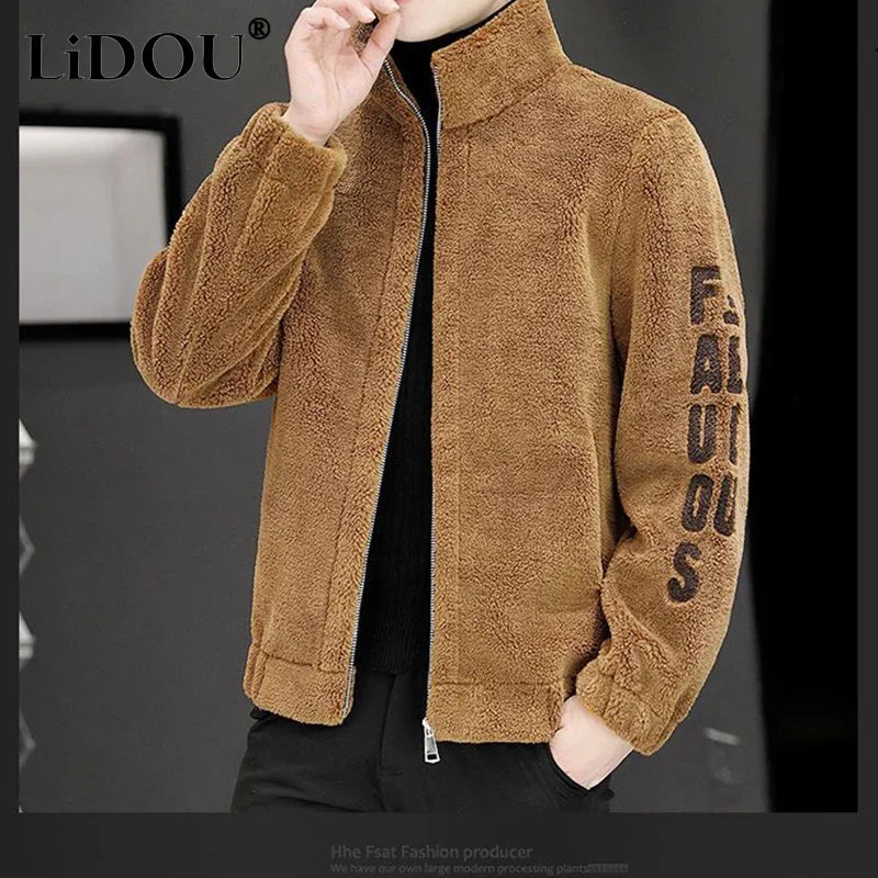 Spring Autumn New Trendy Temperament Handsome Fashion Male Coat Casual Simple Solid Color Loose Warm Lamb Fleece Top Men Clothes