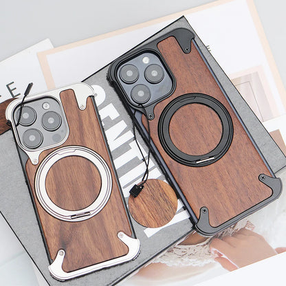 Walnut Wood & Metal Case for iPhone 14/15 Pro Max - 360° Rotating Ring Stand & Magnetic MagSafe Holder