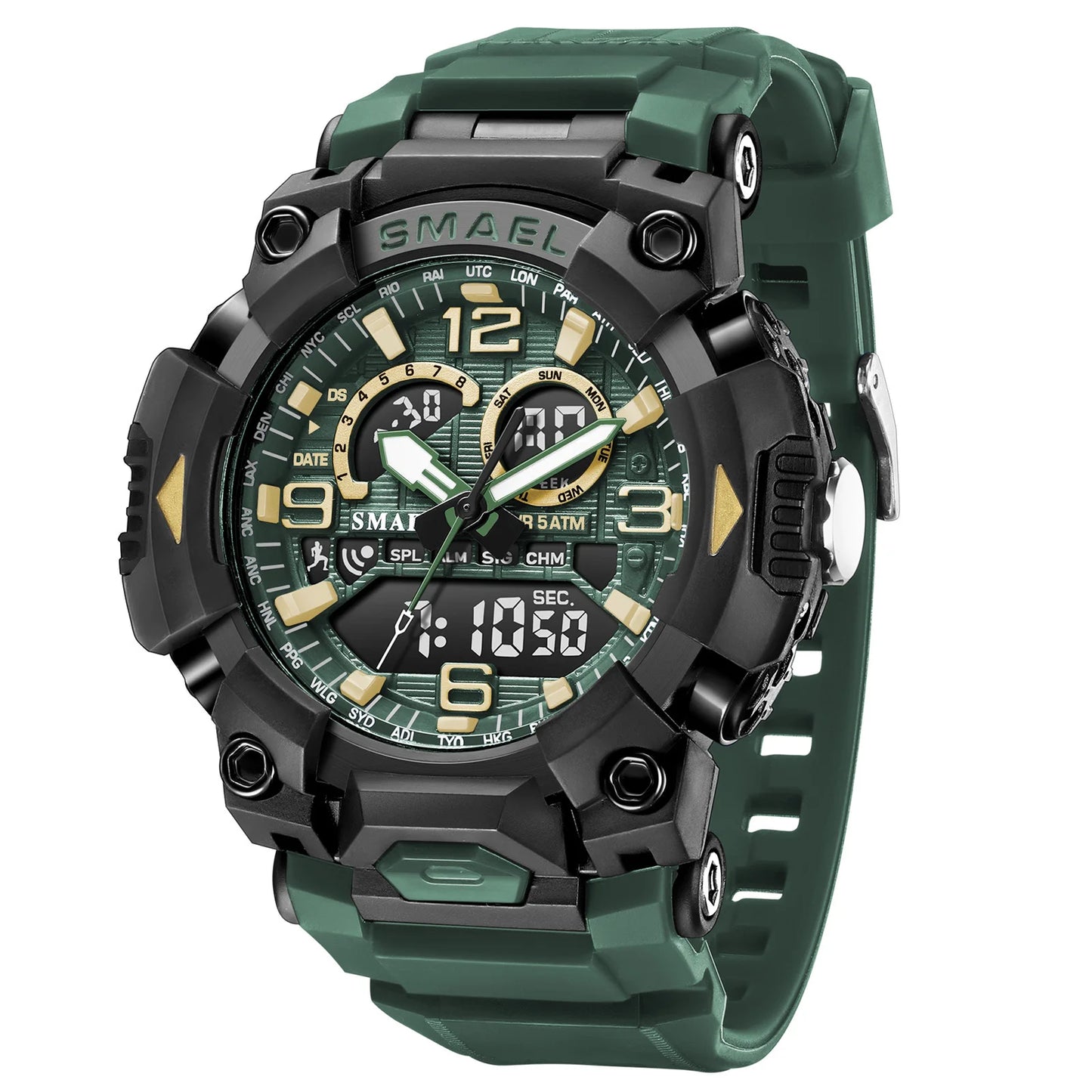 SMAEL Fashion Sports Casual Electronic Man Watch Dual Digital Display Silicone Strap Luminous Waterproof Alarm Watches for Men