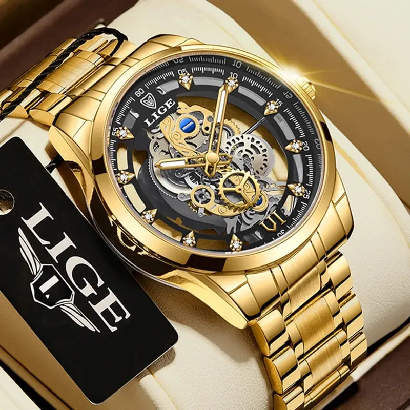 LIGE Luxury Men's Skeleton Quartz Watch – Retro Gold Design, Top Brand Elegance