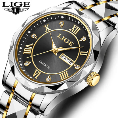 LIGE Top Brand Luxury Mens Watches Business Stainless Steel Quartz Wristwatch Date Week Luminous Waterproof Watch Man Male Clock