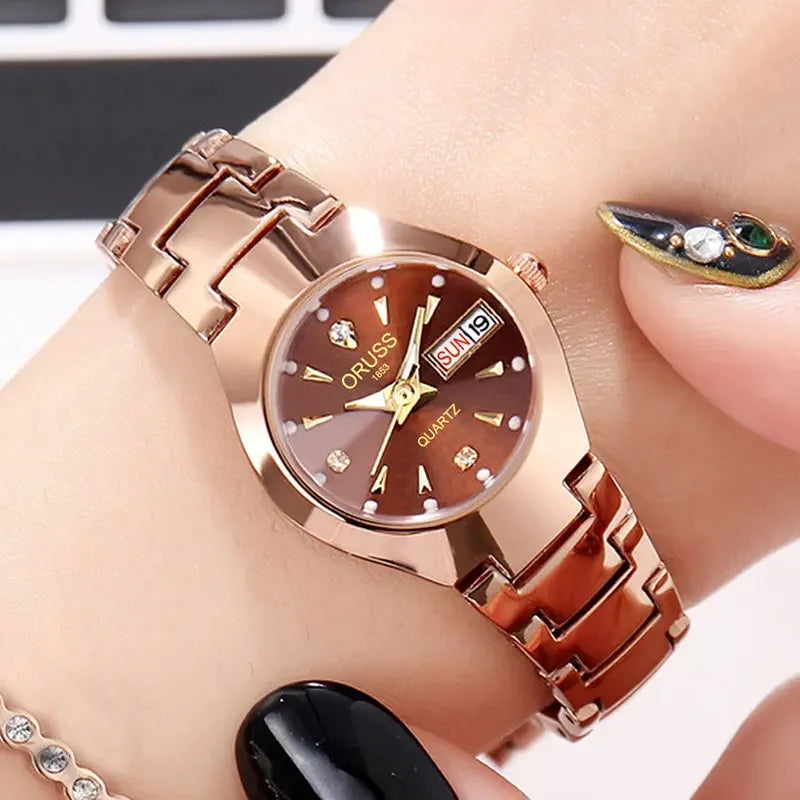 ORUSS Business Casual Womens Quartz Watches Luxury Fashion Wristwatch Stainless Steel Date Week 30M Waterproof Womens Wristwatch
