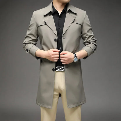 Men's Fashionable Long Trench Coat – Business Casual Windbreaker, Solid Color