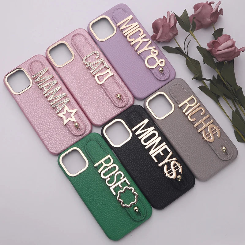 Personalized leather Phone Case customized name letters wristband for iPhone15 14 13 12 11ProMax 14 15Plus Cover