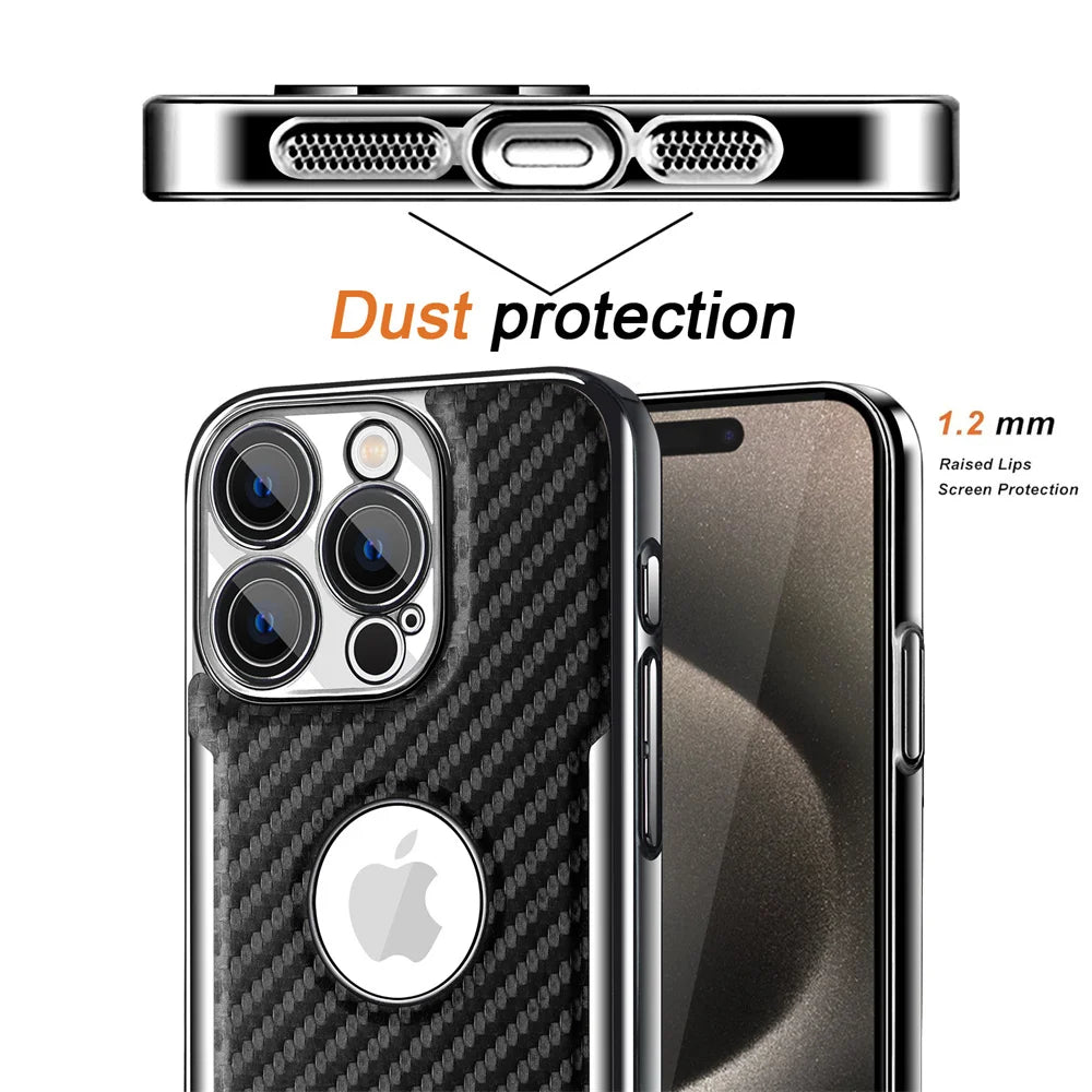 Business Plating Carbon Fiber Case for iPhone 15 Pro Max 14Pro 13Pro Camera Protector PC Leather Cover for iPhone 13 14 Pro Max