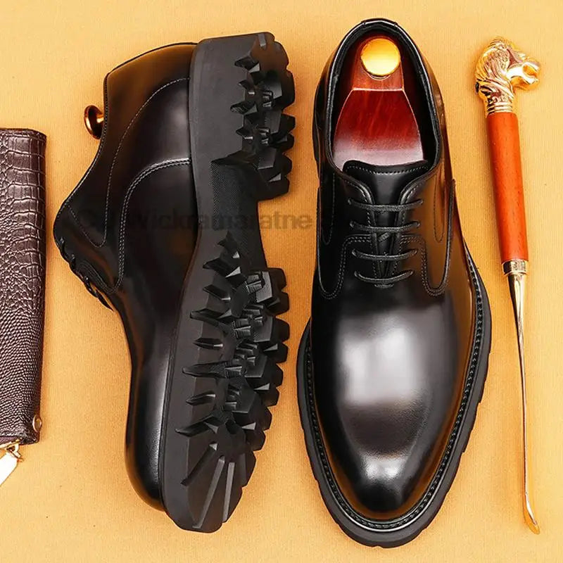 HDKQ Luxury Mens Business Genuine Leather Shoes Fashion Wedding Oxfords Lace-up Pointed Toe Black Coffee Brogues Dress Shoes