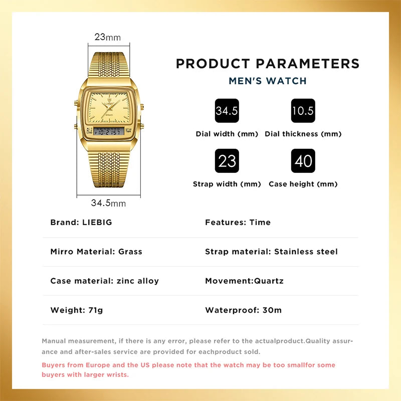 New Fashion Casual Watch Men Digital Dual Time Week Gold Sport 3bar Waterproof Quartz Wristwatches Clock relogio masculino L1030