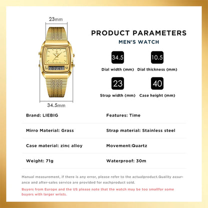 New Fashion Casual Watch Men Digital Dual Time Week Gold Sport 3bar Waterproof Quartz Wristwatches Clock relogio masculino L1030