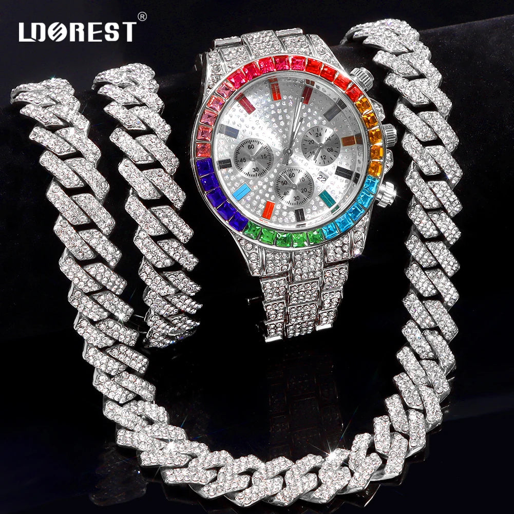 Hip Hop Bling Jewelry Set – Iced Out Necklace, Watch, and Bracelet with 2 Row Prong Cuban Link Chain