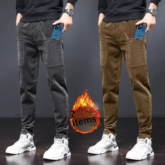 2023 New Corduroy Casual Pants For Men Fleece-lined Warm Striped Velvet Multi-pocket Slim Fit Straight Leg Pants