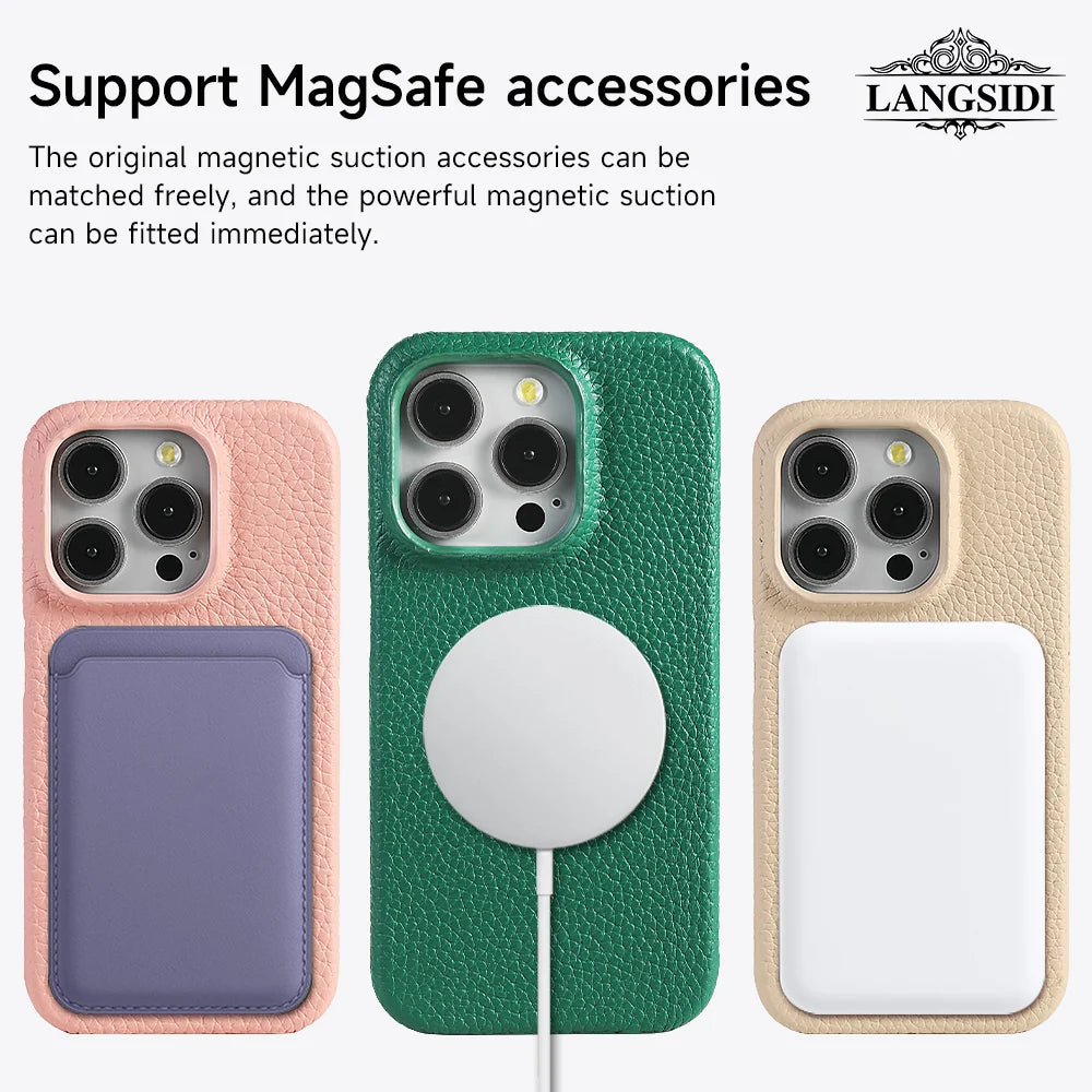 for Magsafe Case for iPhone 15 16 Pro Max Promax 16Pro Natural Cowhide Lychee Leather Magnetic Protector Luxury Phone Back Cover