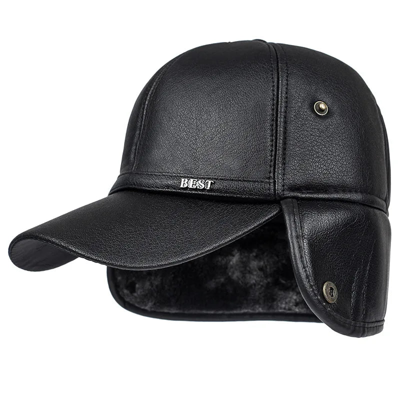 Winter New Men's Hat Imitation Leather Baseball Cap, Fashion Ear Protection Cap, Cap, Winter Outdoor Warm Hat, Elderly Hat