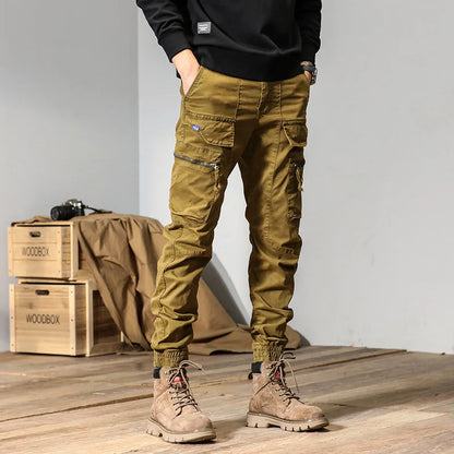 Spring & Autumn American Retro Cargo Pants - Men's Bound Feet Fashion - Loose Heavyweight Washed Casual Pants with Large Pockets