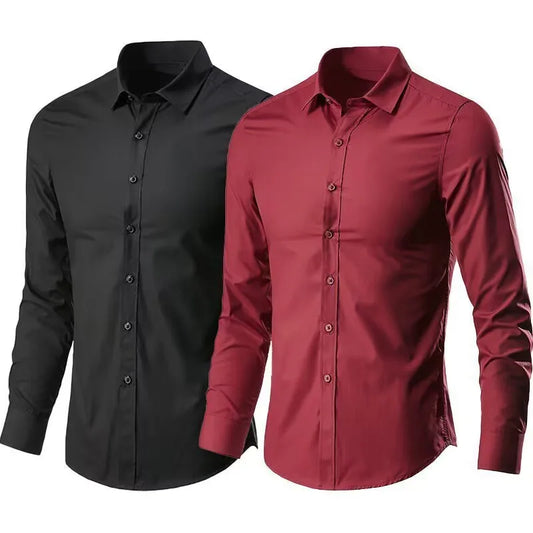 Men's Slim Fit Long Sleeve Shirt - Elastic, Anti-Wrinkle, No Ironing Required - Comfortable & Breathable Business Fashion for Spring & Autumn