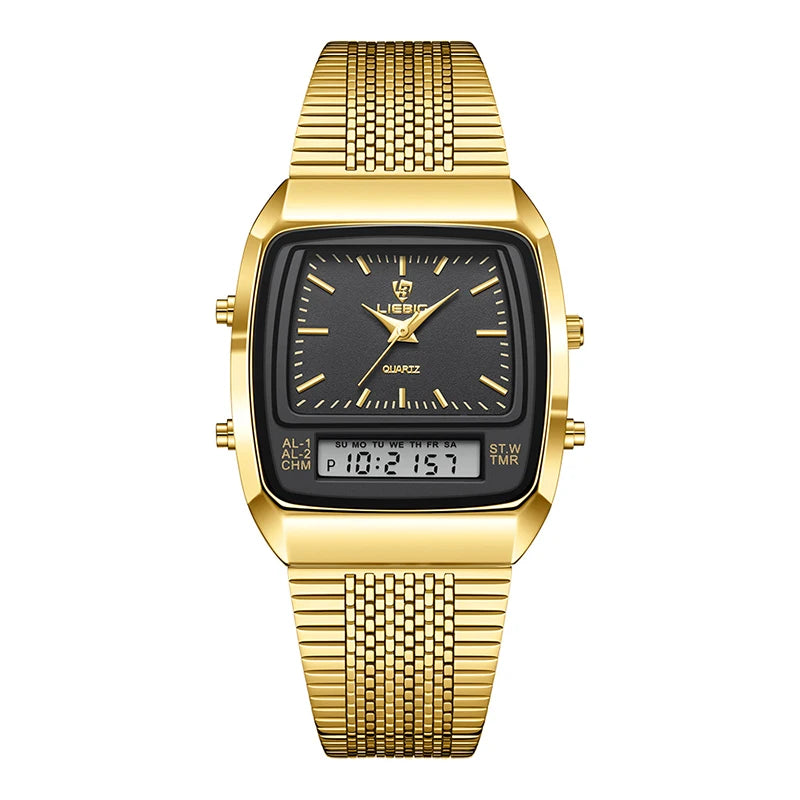 New Fashion Casual Watch Men Digital Dual Time Week Gold Sport 3bar Waterproof Quartz Wristwatches Clock relogio masculino L1030