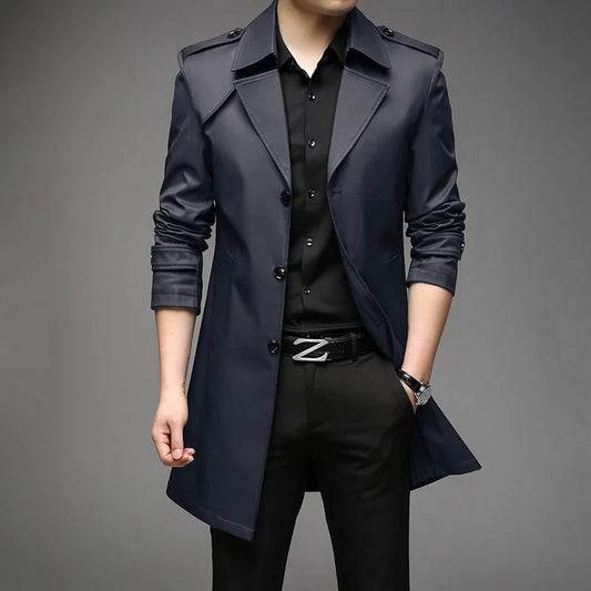 Men's Fashionable Long Trench Coat – Business Casual Windbreaker, Solid Color