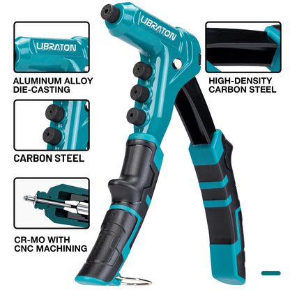 One-Handed Rivet Gun Professional Hand Riveter Pop Rivet Gun Set 4 in 1 Riveting Tool with 200 Rivet - 3/32" 1/8" 5/32" 3/16"