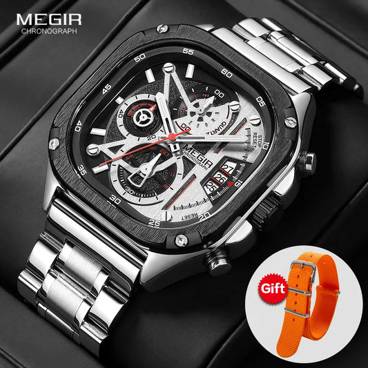 Men’s Square Dial Chronograph Quartz Watch – Fashion Stainless Steel Wristwatch with Luminous Hands & Auto Date
