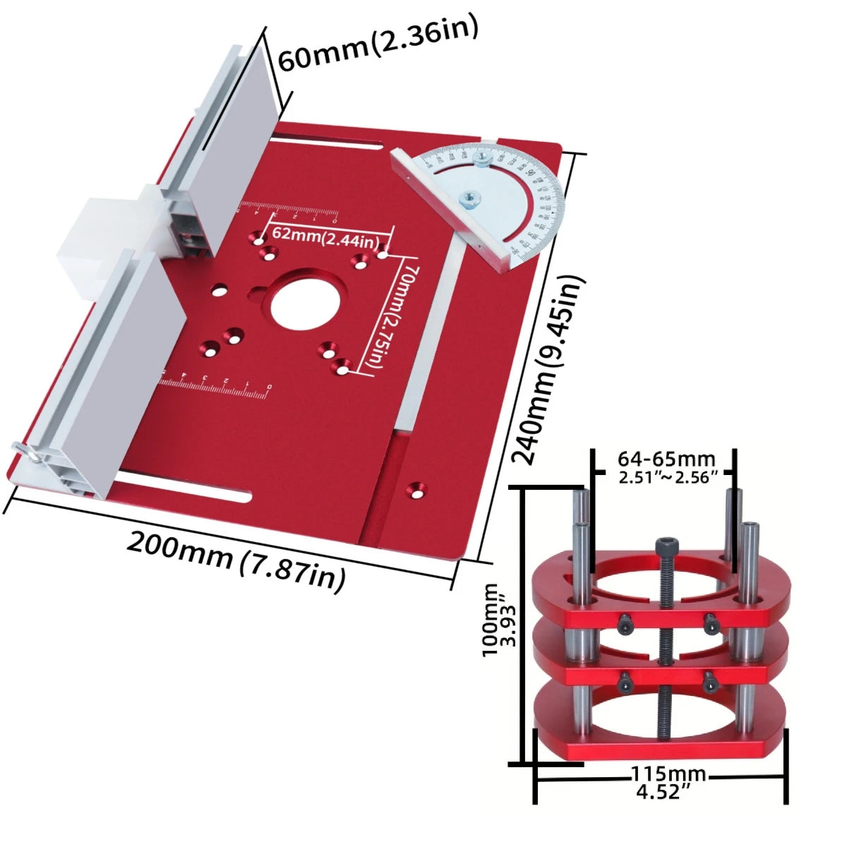 Router Lift Kit – Aluminum Insert Plate with Miter Gauge & Bracket for 65mm Motors