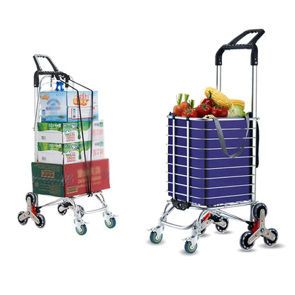 Aluminum Alloy Folding Grocery Cart Portable Shopping Trolley Lightweight Supermarket Food Folded Trolley Step Climbing Trolley