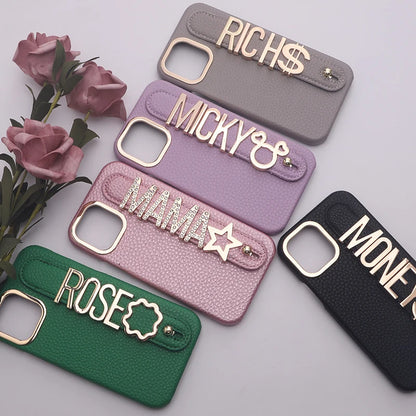 Personalized leather Phone Case customized name letters wristband for iPhone15 14 13 12 11ProMax 14 15Plus Cover