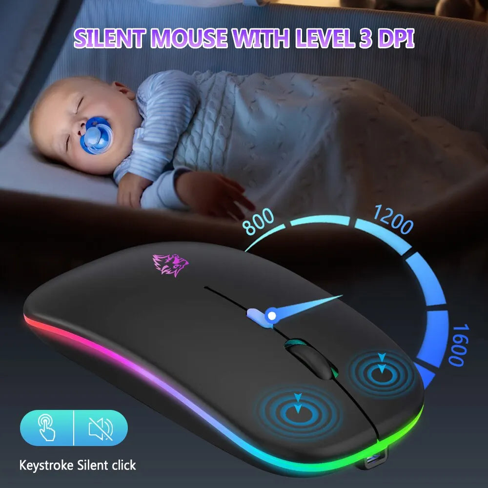 Rechargeable Wireless Mouse – Bluetooth & 2.4GHz Dual Modes, Ergonomic Design, RGB Lighting, Silent Click for PC, iPad, Laptop & TV