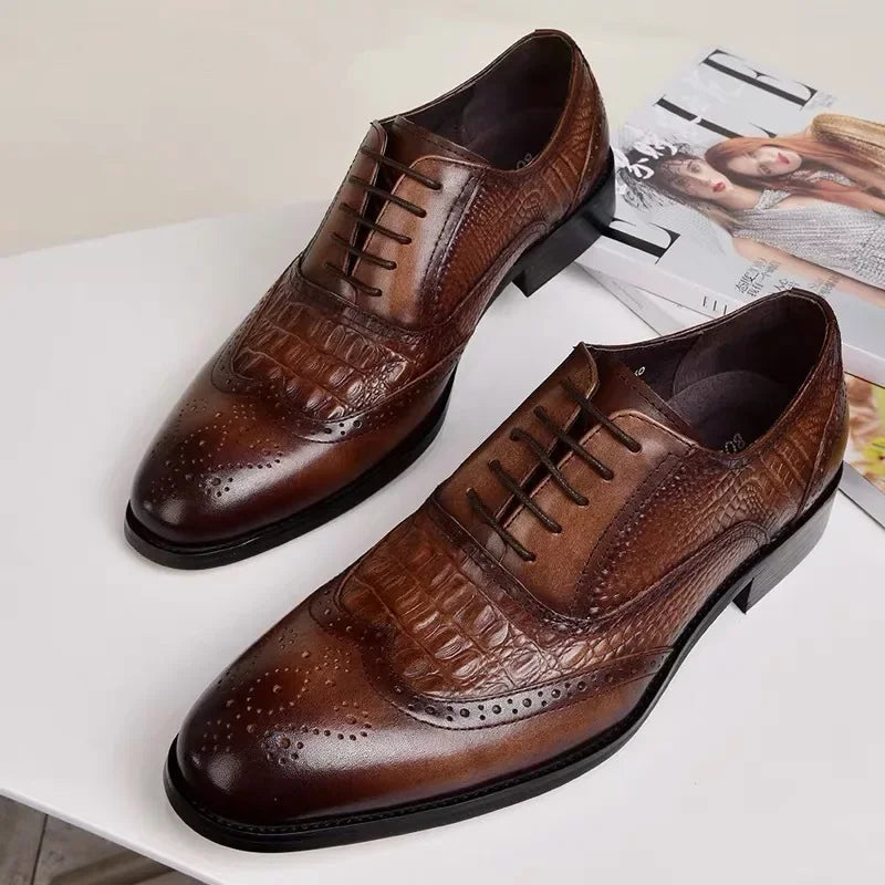 Men's Casual Brock Oxford Shoes – Retro Crocodile Leather Formal Footwear for Spring & Autumn 2022