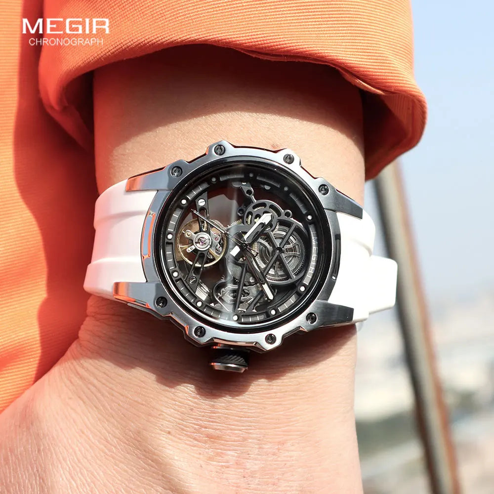 MEGIR Men's Skeleton Automatic Mechanical Watch – Luminous Waterproof Sport Wristwatch with Stainless Steel Case & Silicone Strap