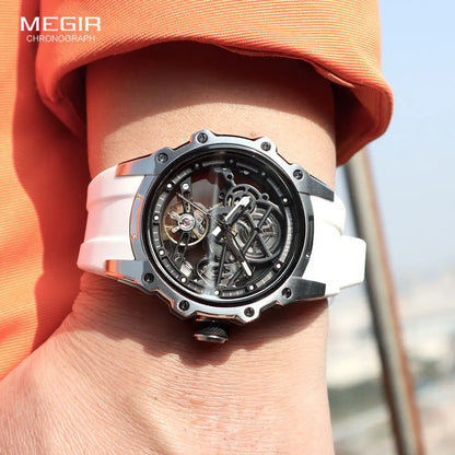 MEGIR Men's Skeleton Automatic Mechanical Watch – Luminous Waterproof Sport Wristwatch with Stainless Steel Case & Silicone Strap