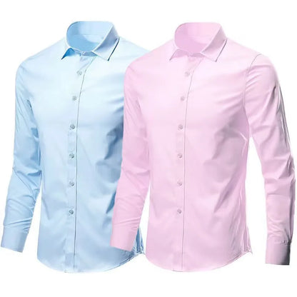 Men's Slim Fit Long Sleeve Shirt - Elastic, Anti-Wrinkle, No Ironing Required - Comfortable & Breathable Business Fashion for Spring & Autumn