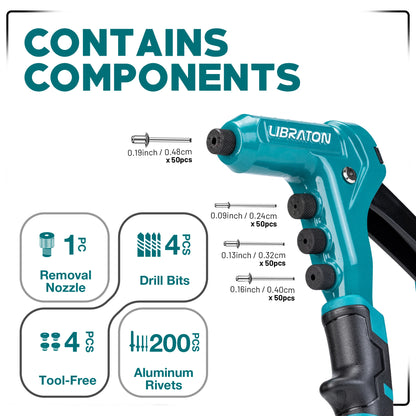 One-Handed Rivet Gun Professional Hand Riveter Pop Rivet Gun Set 4 in 1 Riveting Tool with 200 Rivet - 3/32" 1/8" 5/32" 3/16"