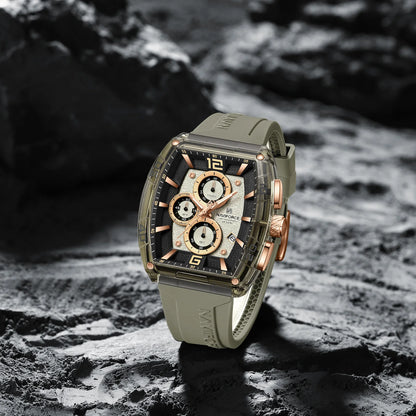 Casual Men’s Quartz Watch – Tonneau Dial with Luminous Display, Waterproof Silicone Strap | Outdoor Sports Fashion Watch
