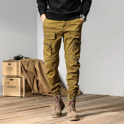 Spring & Autumn American Retro Cargo Pants - Men's Bound Feet Fashion - Loose Heavyweight Washed Casual Pants with Large Pockets