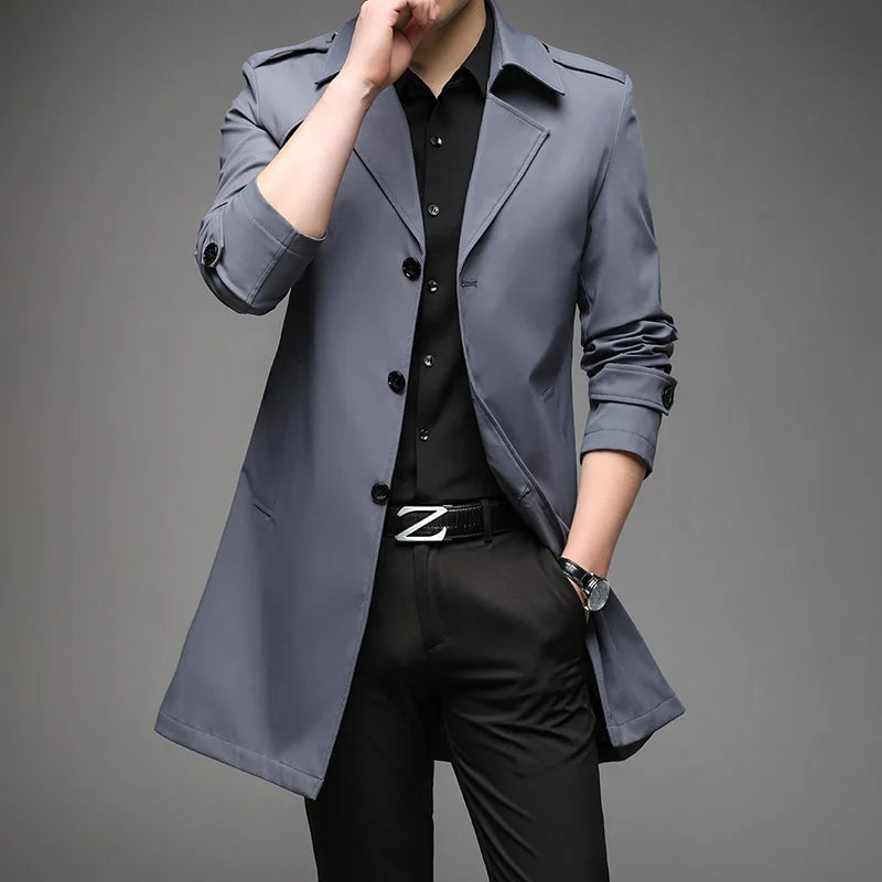 Men's Fashionable Long Trench Coat – Business Casual Windbreaker, Solid Color